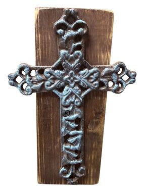 Ornate Cast Iron Cross Decor on Ruston Wood Block-
